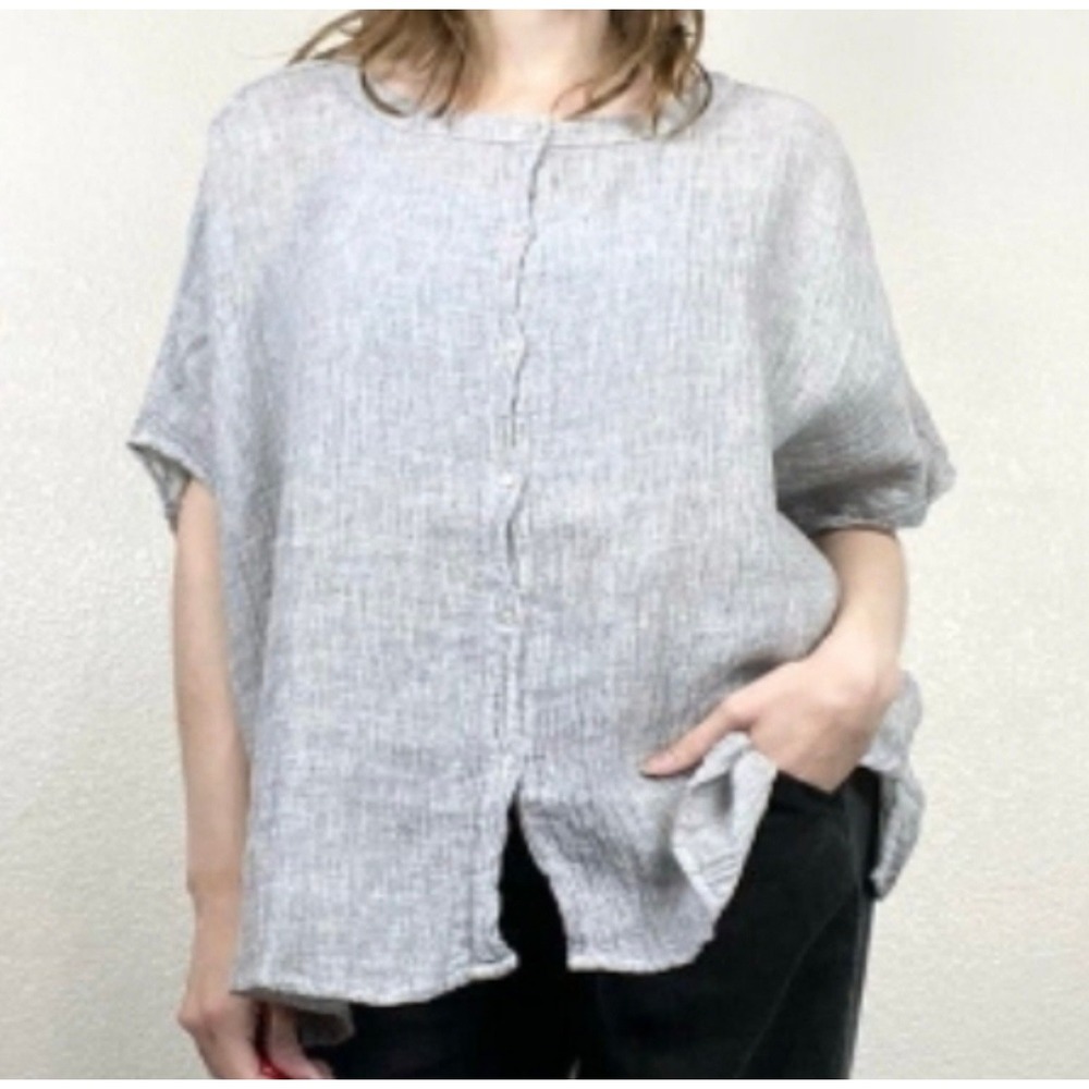 Tahari Linen Button Up Top Women Small Gray